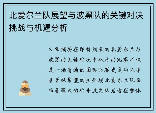 北爱尔兰队展望与波黑队的关键对决挑战与机遇分析