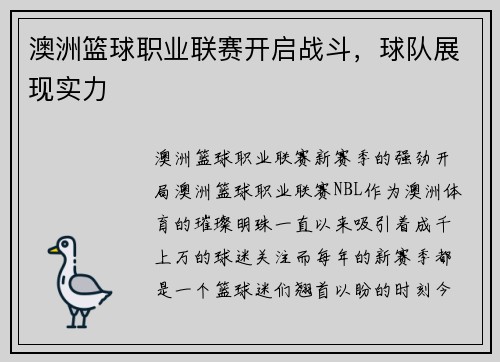 澳洲篮球职业联赛开启战斗，球队展现实力
