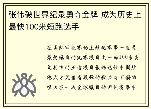 张伟破世界纪录勇夺金牌 成为历史上最快100米短跑选手