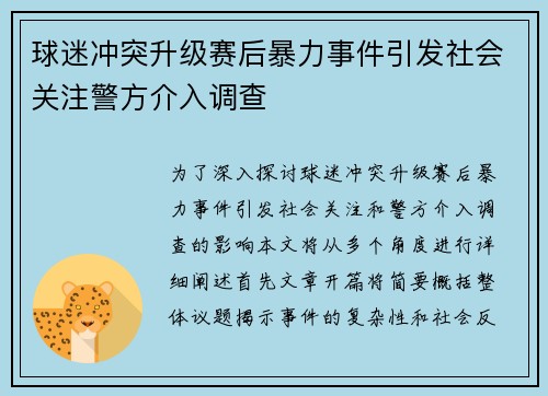 球迷冲突升级赛后暴力事件引发社会关注警方介入调查